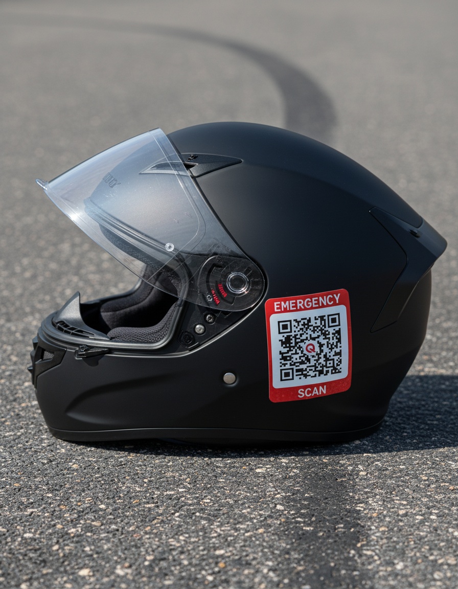 Helmet with RiderQ Sticker on road